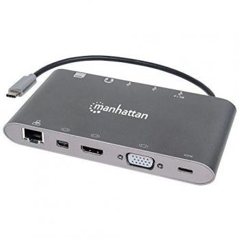 Estación de Acoplamiento MANHATTAN 152808 con Conexión USB-C, 3 Puertos USB 3.0, HDMI, VGA y Color Plata