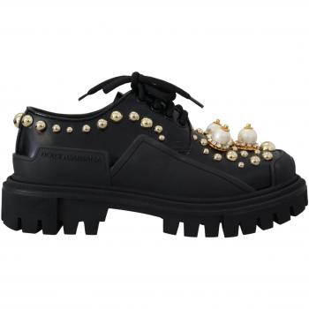 Dolce & Gabbana Black Leather Trekking Derby Embellished Shoes - EU36/US5.5, Laced Shoes, female, Size: 6 US, Gorgeous Black with Gold Studs