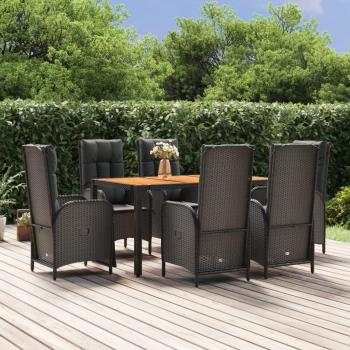 7-Piece Black Poly Rattan Garden Dining Set with Cushions
