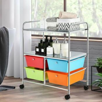 Costway 4-Drawer Rolling Storage Cart - Contemporary PP and Steel, Multi-Color, Mobile with Wheels, 4 Drawers for Organization