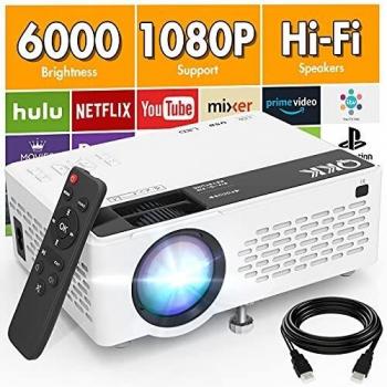 QKK V08 Proyector Full HD 1080P, Mini Proyector de 6000 Lúmenes, Proyector Portátil Compatible con Stick de TV HDMI VGA USB TF AV, Proyector de Video para Hogar Cine y Películas al Aire Libre