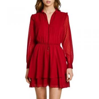 Vestido Corto Pepe Jeans de Plumeti con Cintura Elástica en Rojo Quemado para Mujer, Talla XL