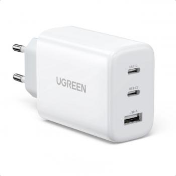 Cargador Rápido Ugreen 65W con 2 Puertos USB-C y 1 Puerto USB, PD y QC, Blanco