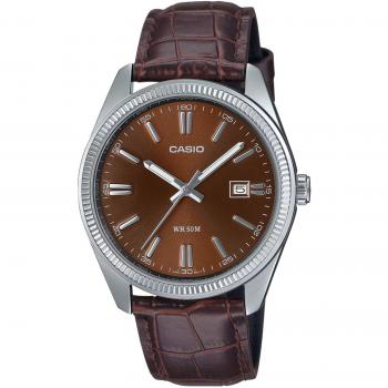 Reloj analógico Casio Collection MTP-1302PL-5AVEF para hombre con correa de piel, esfera plateada, resistencia al agua hasta 50 metros y mecanismo de cuarzo