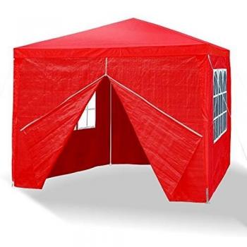 JOM Car Parts & Car Hifi GmbH 127136 pabellón de jardín, 3 x 3m, rojo, con 4 paredes laterales / 3 x ventanas / 1 x puerta con cremallera, material PE 110G, varillaje metálico, hidrófugo, estaquillas y cuerdas