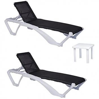 Set Acqua-Andorra 2+1 Tumbona-Mesa Auxiliar Exterior - Estructura Blanca, Textilene Negro, apilable, reclinable, con ruedas y posavasos