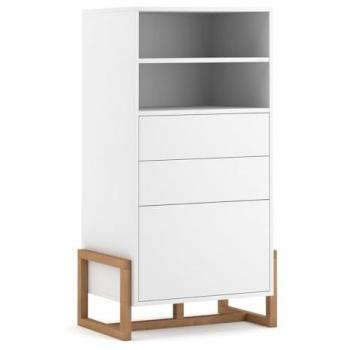 Aparador alto moderno blanco mate con 1 puerta, 2 cajones y patas de haya maciza 63 cm