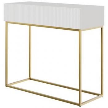 Mesa consola Veldio 90 cm blanca con cajón y patas de metal dorado