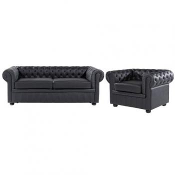 Conjunto Chesterfield de sala en piel negra con patas de madera oscura, sofá de 3 plazas y sillón