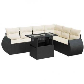 vidaXL 7-Piece Black Poly Rattan Garden Sofa Set with Cushions
