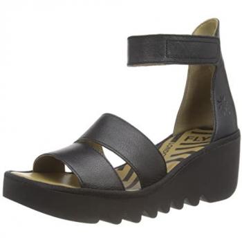 Fly London Bono Black Tumbled Leather Women's Low Wedge Strappy Sandals