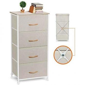 COSYLAND Cajonera para Armario Cómoda de Tela con 4 Cajones Práctico Organizador de Almacenamiento Estrecho Mesita de Noche para Dormitorio Baño Lavandería Zonas Pequeñas, 45x30x92 cm, Beige/Negro