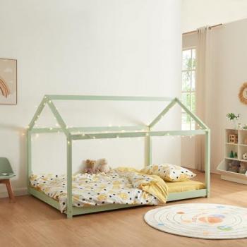 Cama Montessori para Niños Cerro en Forma de Casa 120x200cm - Verde Menta, Madera de Pino, Carga Máx. 140 kg