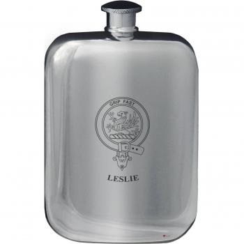 Leslie Family Crest Design Pocket Hip Flask 6oz Rounded Polished Pewter