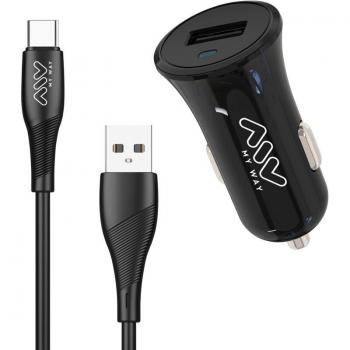Cargador de Automóvil USB 2A + Cable Tipo C 1m ABS Negro