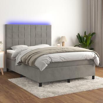 Colchón box spring de muelles y terciopelo LED gris claro 140x190 cm