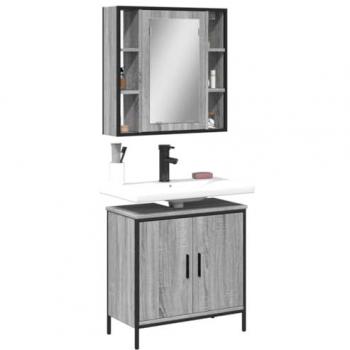 Set de muebles de baño 2 pzas madera contrachapada gris sonoma con armarios de lavabo, espejo de pared y estantes para aseo