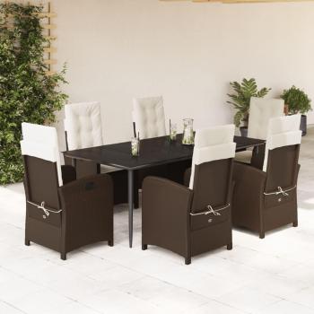 7-Piece Brown Poly Rattan Garden Dining Set with Cushions