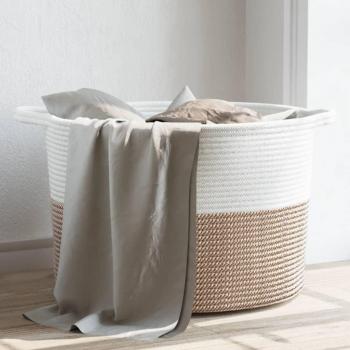 Cesta de ropa sucia de algodón blanca y marrón Ø 55x36 cm