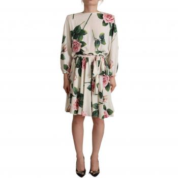 Dolce & Gabbana White Rose Print Long Sleeves A-line Dress