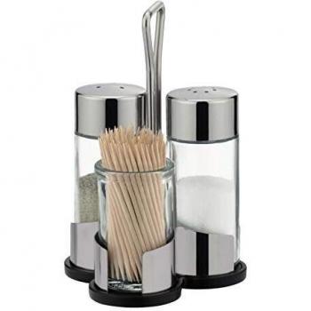 Set de Sal, Pimienta y Palillos CLUB con Soporte de Vidrio Transparente