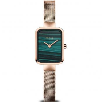 Bering Classic Petite Square Ladies Watch - Green Malachite Dial, Rose Gold Stainless Steel Mesh Band, 20mm, 3ATM