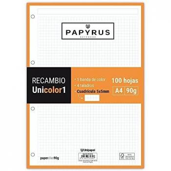 UNIPAPELl 53392252. Recambios 100 Hojas A4, Cuadrículadas 5x5, Banda Color Naranja, PaperClas90g, Papyrus - Unicolor 1