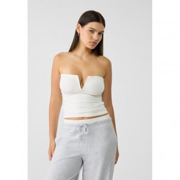 Ecru Draped V-neck Cropped Bandeau Top
