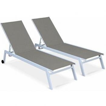 Conjunto de 2 tumbonas de aluminio y textileno multiposición con ruedas, modelo Elsa, color blanco, dimensiones 191x55x94 cm
