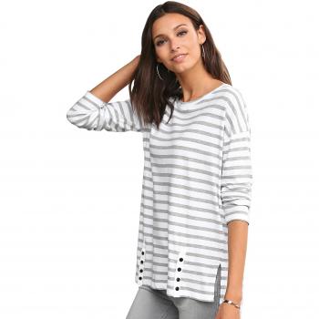 Camiseta Escote Redondeado y Manga Larga Mujer by Vencastyle - 013221,Blanco/Gris Rayas,S