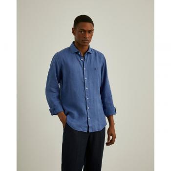 Camisa de lino slim fit con estampado liso en color azul para hombre