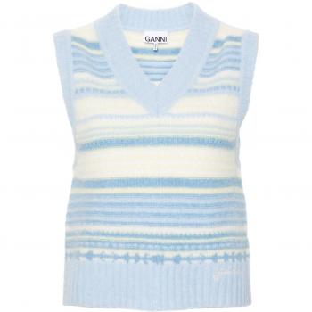 Ganni Women's Striped V-Neck Wool Vest in Clear Blue - Size L