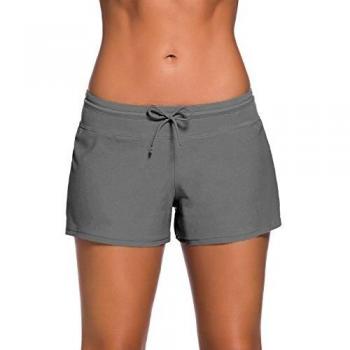 Yavero Shorts de Baño Mujer Bañador Short Deportes Acuáticos Shorts de Natación Secado Rápido Bikini Short Cortos con Cordón Ajustables Gris L