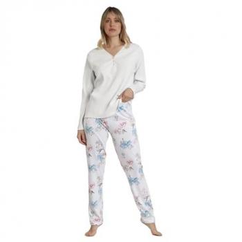 Pijama Largo de Mujer Admas de Punto en Color Verde Agua y Manga Larga French Garden Blanca, Homewear de Algodón 2024
