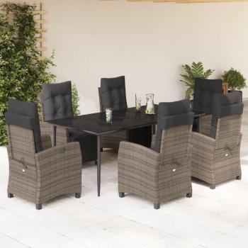 7-Piece Grey Poly Rattan Garden Dining Set with Cushions