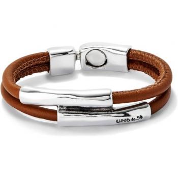 UNO de 50 Sterling Silver Plated Double Brown Leather Bracelet with Two Tubes