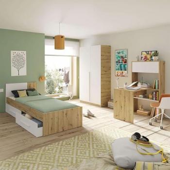 Conjunto de Muebles para Dormitorio Juvenil Moderno en Melamina Color Roble Nodi y Blanco Artik