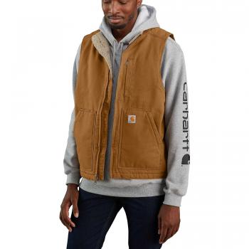 Carhartt Chaleco de Invierno para Hombre Washed Duck Lined Mock Neck, Color Marrón, Talla XL, Fit Suelto, Forrado de Sherpa