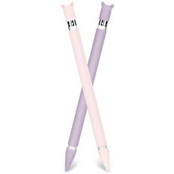 2 Pack Funda de Silicona para Apple Pencil 1ª Generación, Funda Protectora para Apple Pencil Case Cover, Lindo Gato Forma Cap Holder y 2 Cubiertas de Punta Protectora - Morado+Rosa