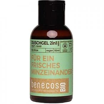 Gel de ducha Benecos de menta, 2 en 1, para piel y cabello, tamaño mini, 50 ml (1
