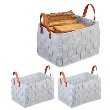Set de 3 cestos de fieltro plegables con asas, organizadores de almacenamiento, medidas: 26 x 40 x 30 cm, color gris claro