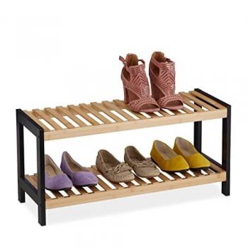 Organizador de Zapatos Abierto, 2 Niveles para 6 Pares, 33x70x26 cm, Bambú y MDF Natural/Negro - Relaxdays