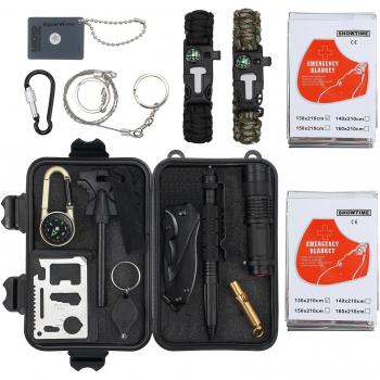 Proster Kit de Supervivencia 16 en 1 Equipo de Supervivencia de Bolsa de Herramientas con Manta de Emergencia y Multifuncional Bolsa de Supervivencia profecional para Viajar Caminar
