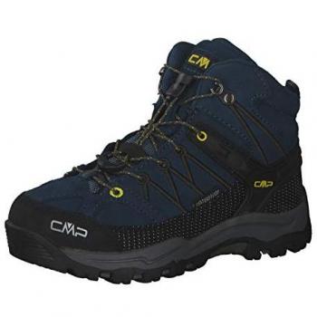 Botas de senderismo CMP Kids Rigel Mid WP, características: impermeables, diseño en azul y amarillo flúor, talla 28