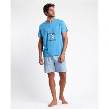 Pijama corto de hombre de punto azul Worry Less