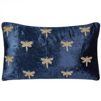 Cojín Decorativo Moderno Glamour Terciopelo Azul Marino 30 x 50 cm Motivo Animal Libélula