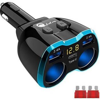 USB C Cargador de Coche Encendedor de Cigarrillos 80W, Qidoe Dos Toma 12V/24V Adaptador de Corriente de Coche con 5,8A Dual USB Cargador de Coche para GPS, Dash Cam, SatNav, IPhone, Android