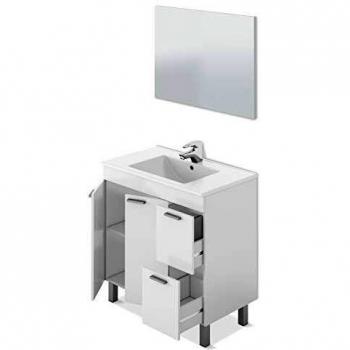 ARKITMOBEL Mueble de Baño con 2 Puertas 2 Cajones y Espejo, Modulo Baño, Modelo Aktiva, Acabado en Blanco Brillo, Medidas: 80 cm
