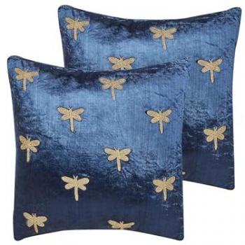 Conjunto de 2 cojines decorativos terciopelo azul marino 45 x 45 cm con motivo de libélula moderno glamour