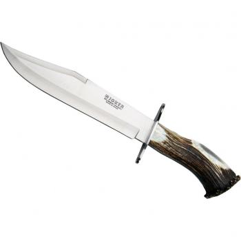 Electropolis Cuchillo Joker Bowie con puño Corona de Ciervo y Hoja MOVA de 25 cm, cruceta INOX, Funda de Cuero, 525 Gramos, CN101 + Tarjeta Multiusos de Regalo